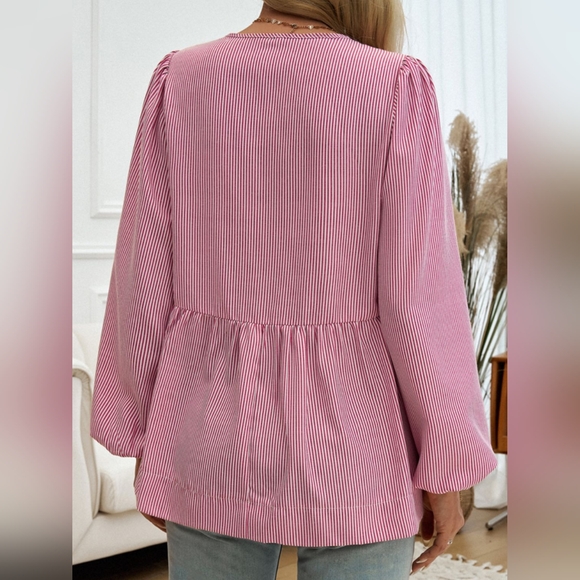 Devine Tied Striped Long Sleeve Blouse - Picture 2 of 7